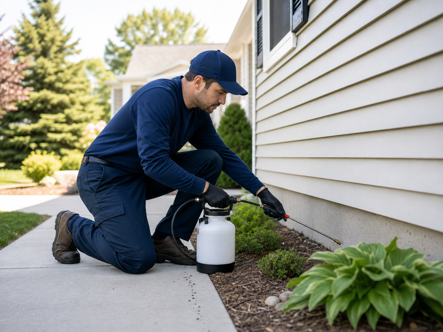 Technician applying exterior perimeter pest treatment beside a clean home