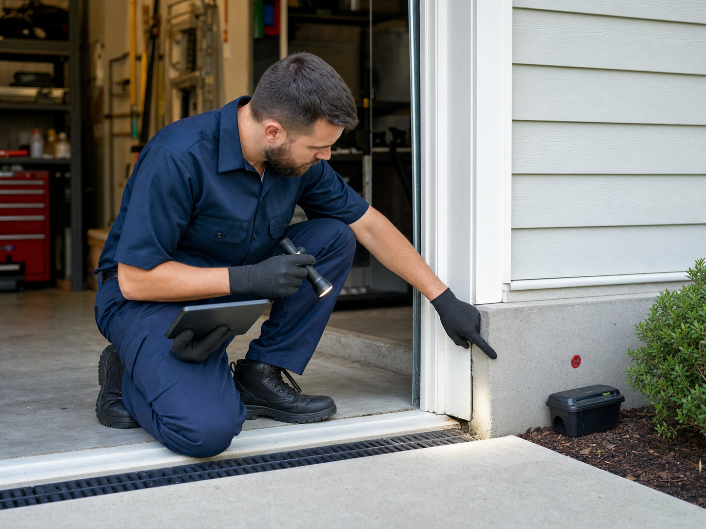 Technician inspecting a garage threshold and foundation entry point for rodent access