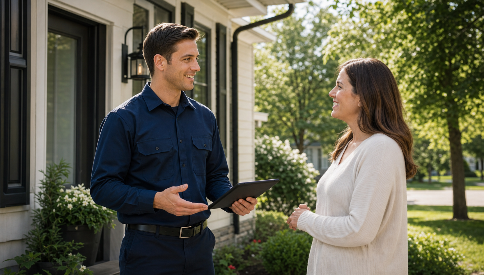 Friendly Ankora technician speaking with a homeowner outside a clean Twin Cities home