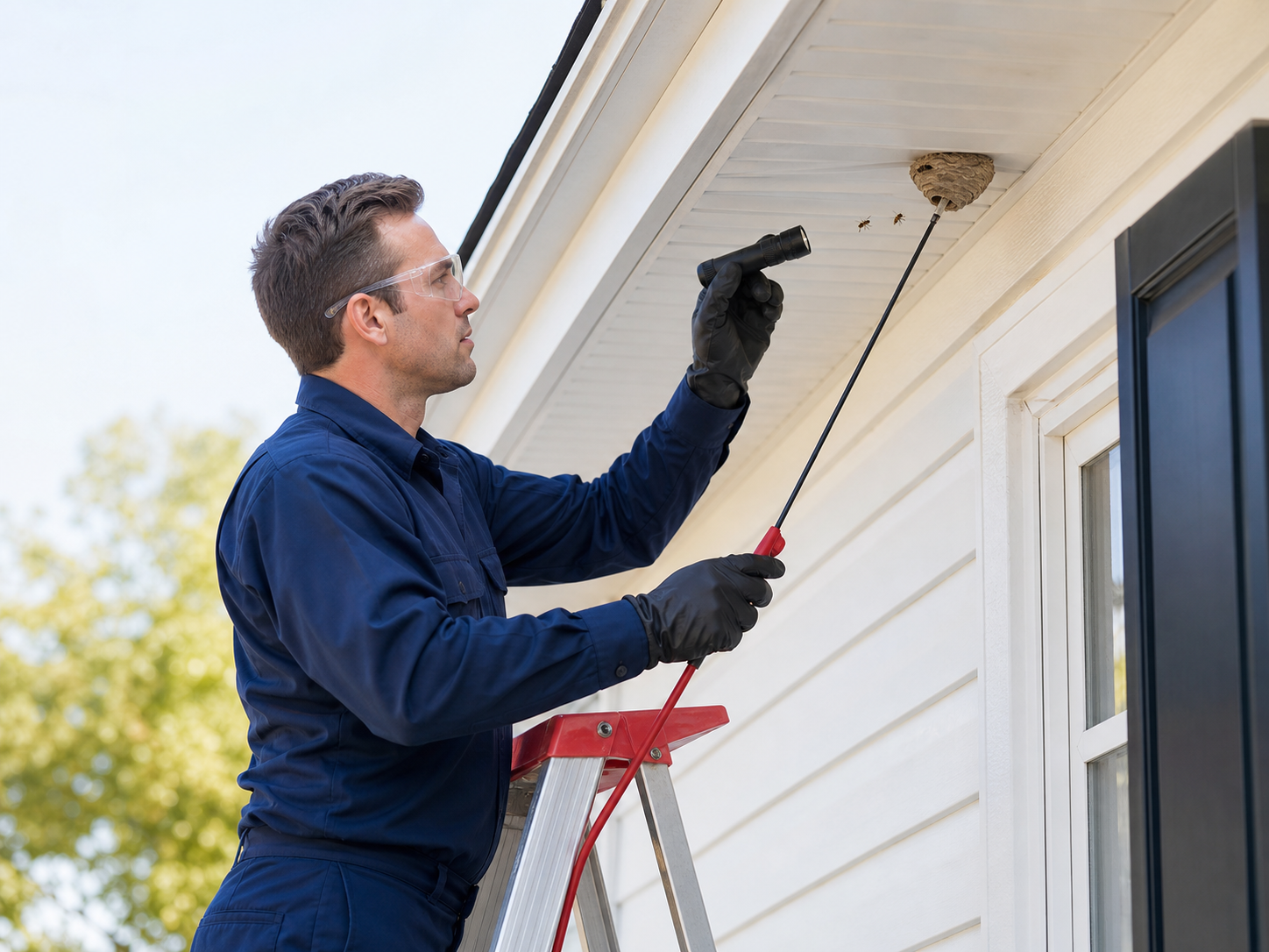 Technician safely inspecting a small wasp nest below a home eave