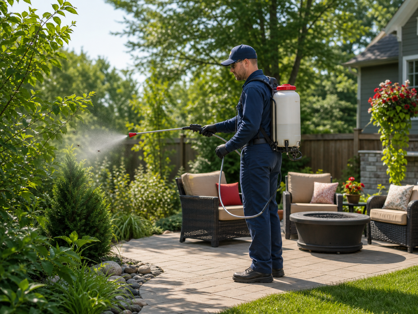 Technician treating backyard shrubs for mosquito and tick control near a patio